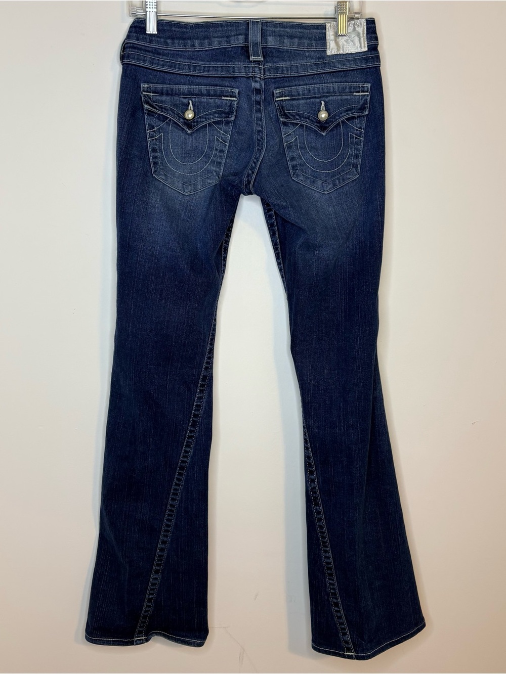 True Religion Joey Medium Blue Flare Jeans Low Rise Twisted Inseam Size 29